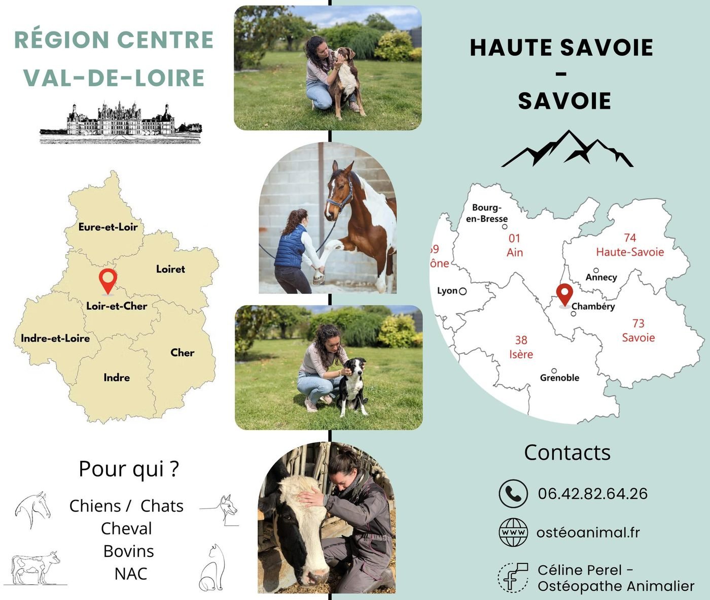Zones d'intervention de Céline Perel, ostéopathe animalier : Savoie et Région Centre